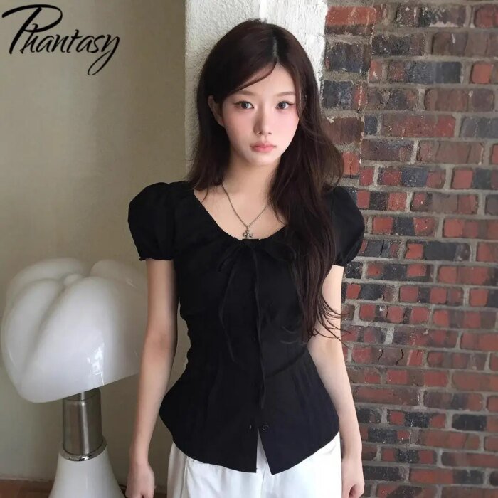 Phantasy Y2k T-shirt Short Sleeve Women's Vintage Slimming Tops O- Neck Shirt Fashion Elegant  Blouse Summer Women's Clothing  ﻿ - Image 4