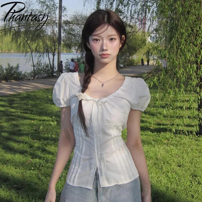 Phantasy Y2k T-shirt Short Sleeve Women's Vintage Slimming Tops O- Neck Shirt Fashion Elegant  Blouse Summer Women's Clothing  ﻿ - Image 1