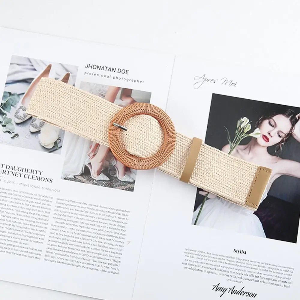 Fashion Women Straw Belt Casual Bohemian Wide Belt Summer Braided Waistbelt  Buckle Elastic Female Straw Waist Belt