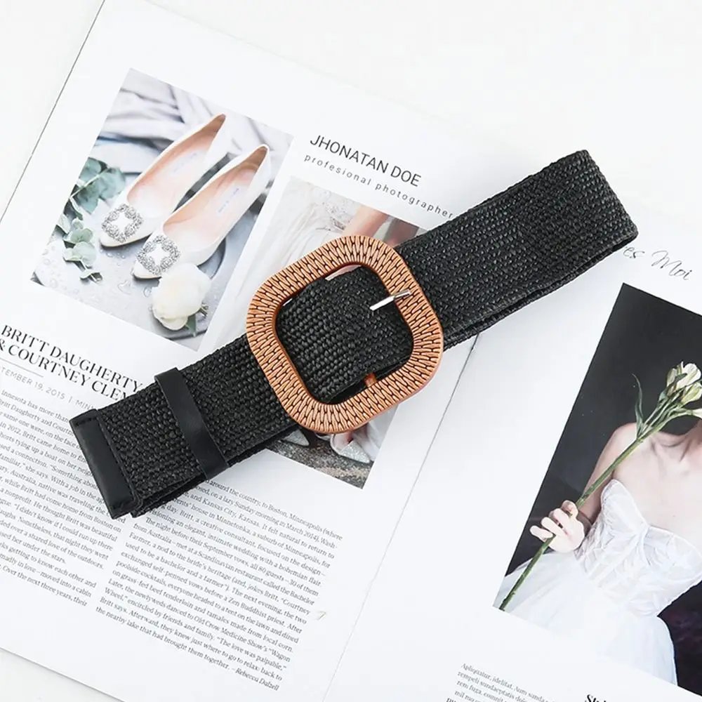 Fashion Women Straw Belt Casual Bohemian Wide Belt Summer Braided Waistbelt  Buckle Elastic Female Straw Waist Belt
