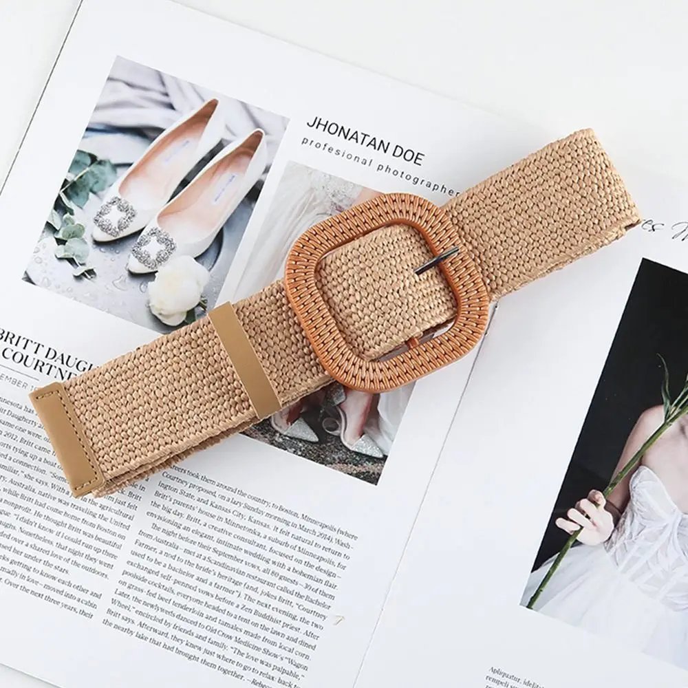 Fashion Women Straw Belt Casual Bohemian Wide Belt Summer Braided Waistbelt  Buckle Elastic Female Straw Waist Belt
