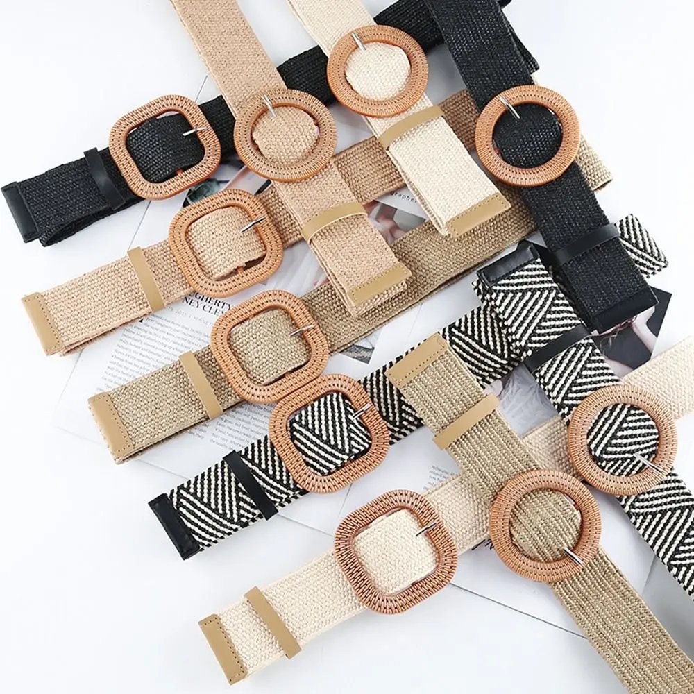 Fashion Women Straw Belt Casual Bohemian Wide Belt Summer Braided Waistbelt  Buckle Elastic Female Straw Waist Belt