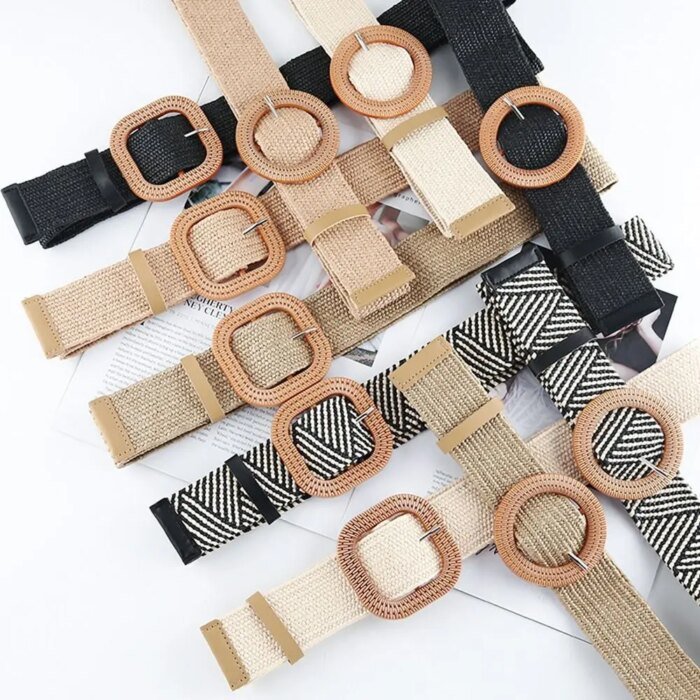 Fashion Women Straw Belt Casual Bohemian Wide Belt Summer Braided Waistbelt  Buckle Elastic Female Straw Waist Belt - Image 5