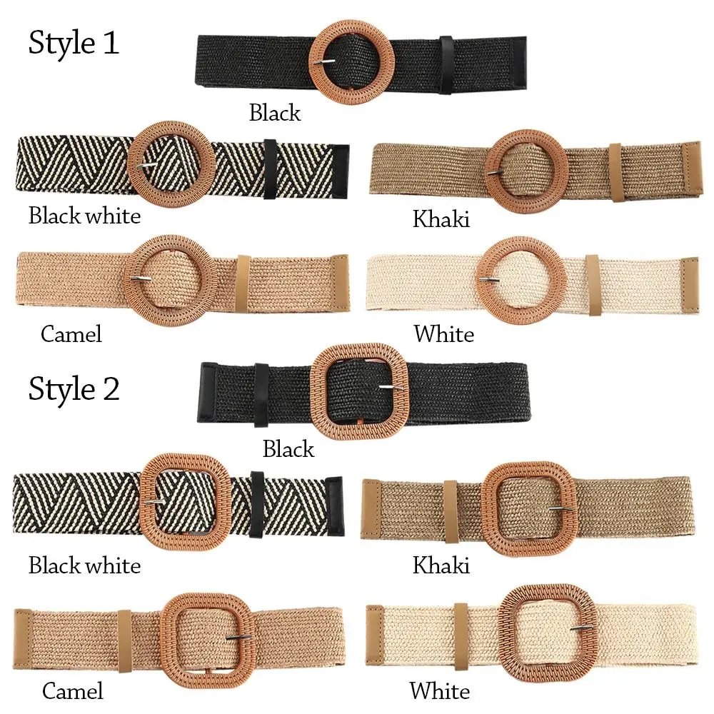 Fashion Women Straw Belt Casual Bohemian Wide Belt Summer Braided Waistbelt  Buckle Elastic Female Straw Waist Belt