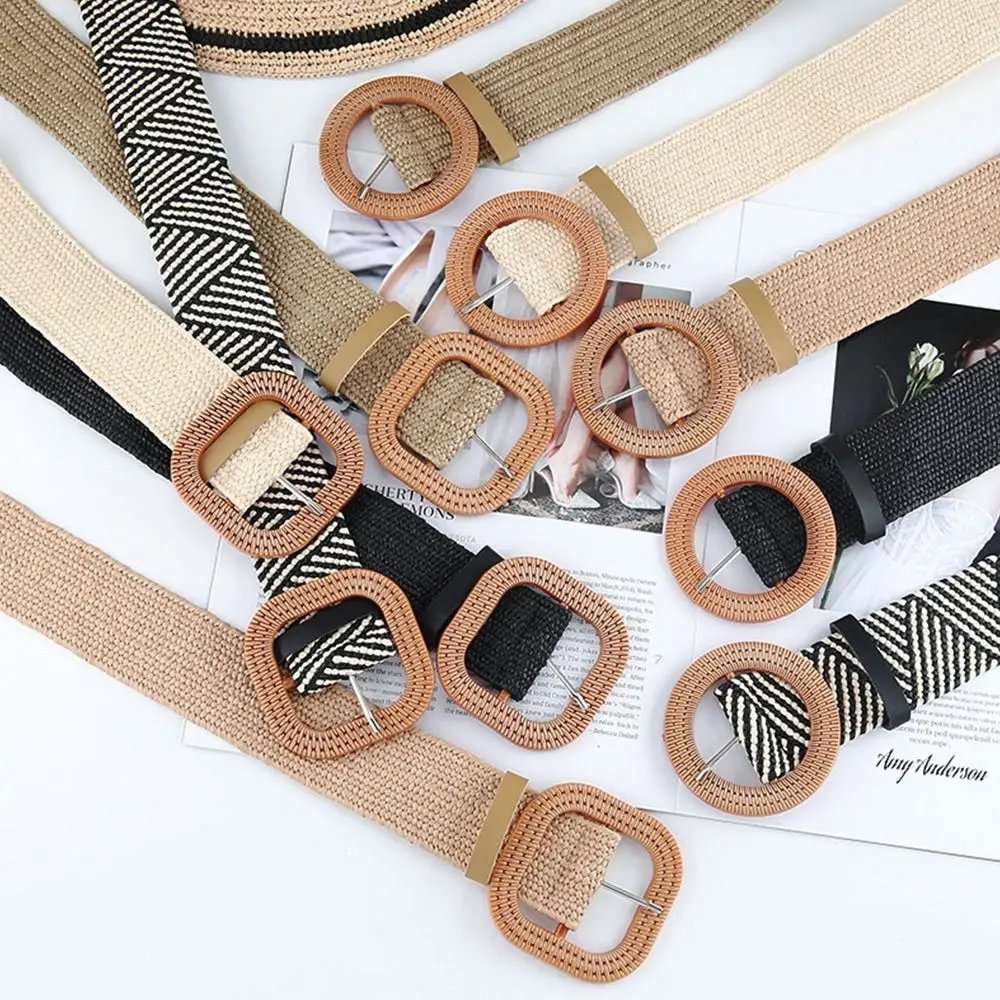 Fashion Women Straw Belt Casual Bohemian Wide Belt Summer Braided Waistbelt  Buckle Elastic Female Straw Waist Belt