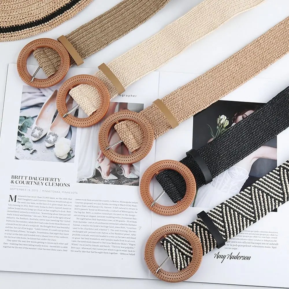 Fashion Women Straw Belt Casual Bohemian Wide Belt Summer Braided Waistbelt  Buckle Elastic Female Straw Waist Belt