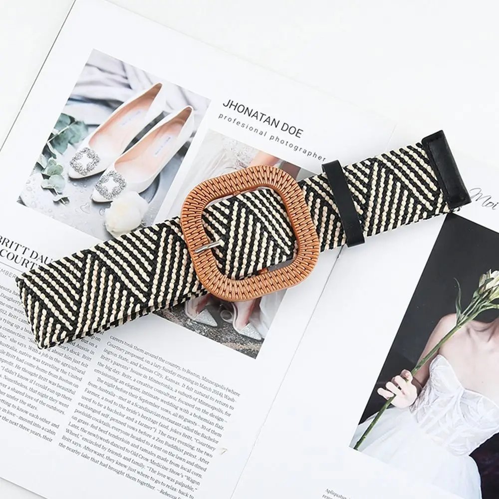 Fashion Women Straw Belt Casual Bohemian Wide Belt Summer Braided Waistbelt  Buckle Elastic Female Straw Waist Belt