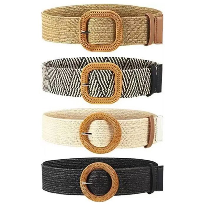 Fashion Women Straw Belt Casual Bohemian Wide Belt Summer Braided Waistbelt  Buckle Elastic Female Straw Waist Belt - Image 1