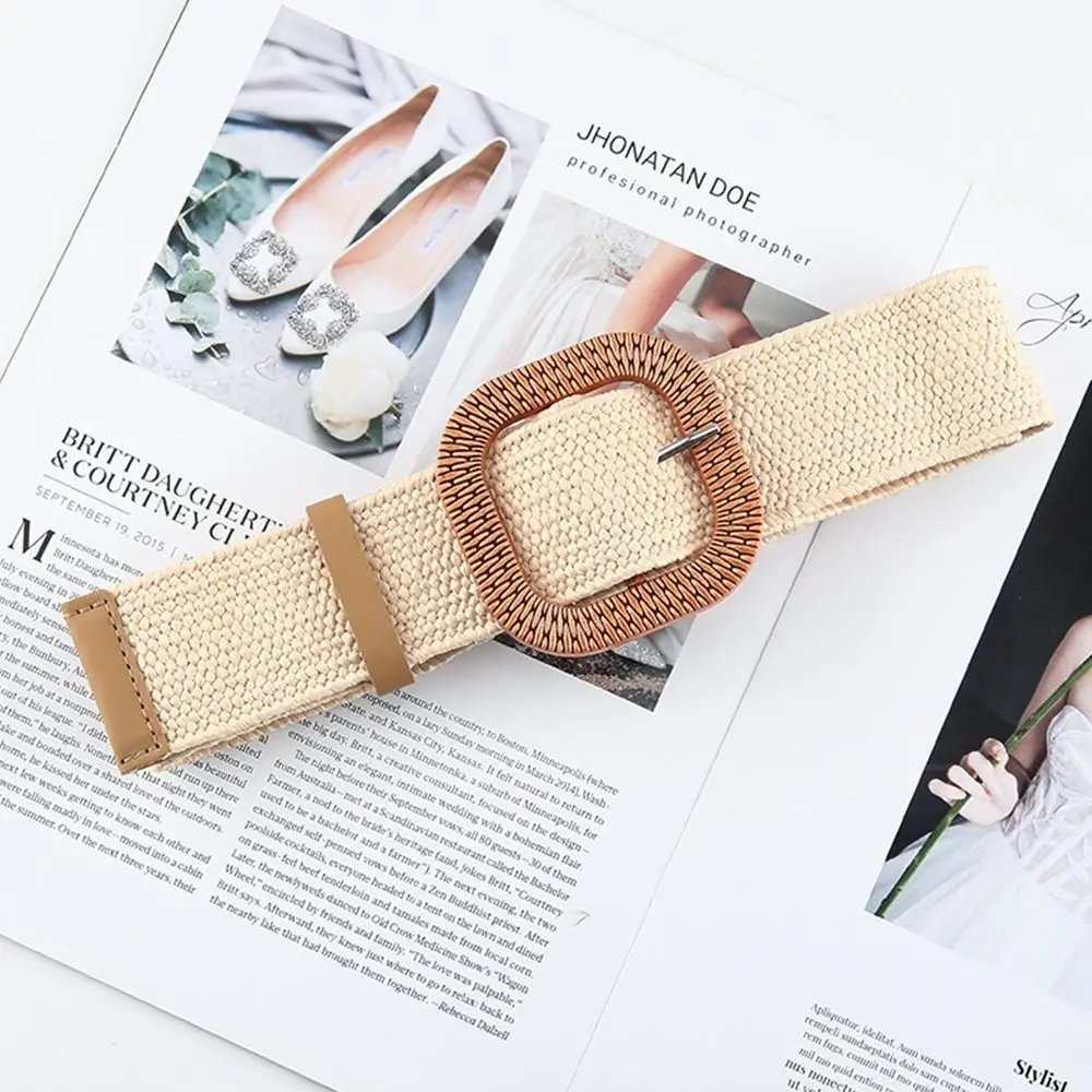 Fashion Women Straw Belt Casual Bohemian Wide Belt Summer Braided Waistbelt  Buckle Elastic Female Straw Waist Belt