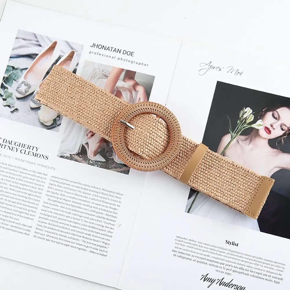 Fashion Women Straw Belt Casual Bohemian Wide Belt Summer Braided Waistbelt  Buckle Elastic Female Straw Waist Belt