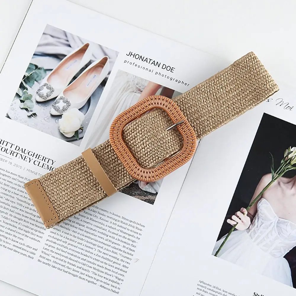 Fashion Women Straw Belt Casual Bohemian Wide Belt Summer Braided Waistbelt  Buckle Elastic Female Straw Waist Belt