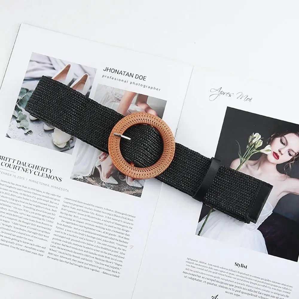 Fashion Women Straw Belt Casual Bohemian Wide Belt Summer Braided Waistbelt  Buckle Elastic Female Straw Waist Belt