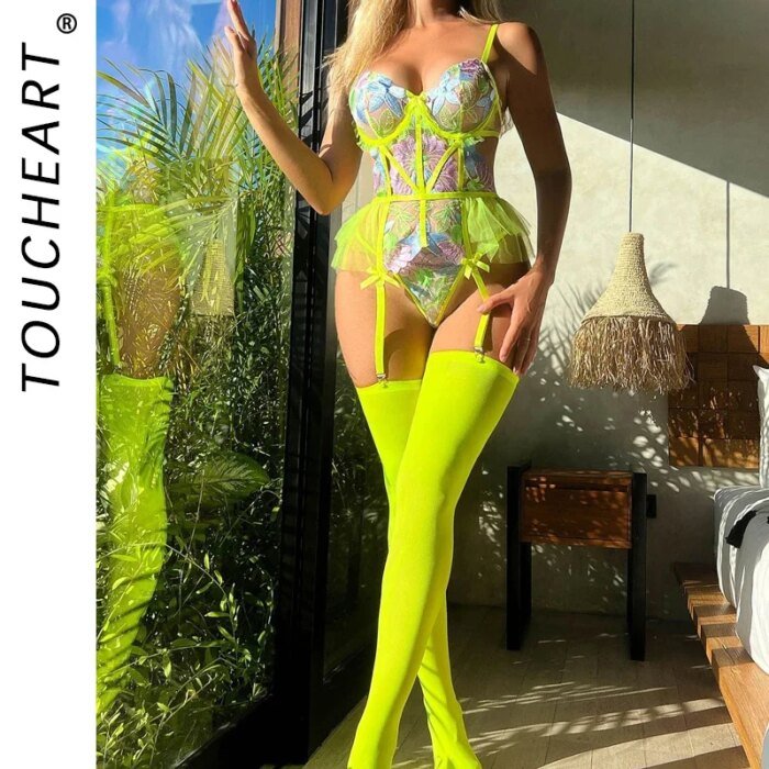 Toucheart Sexy Lingerie Embroidered Bra Set For Women Embroidered Bra Set Backless Transparent One Piece Stockings Sex Suit New - Image 1