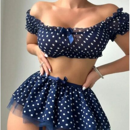 Women's Two-piece Set Erotic Lingerie Short Skirt with Garter Puffy Skirt Straps Sexy Lingerie Women Sexy Polka Dot Off Shoulder