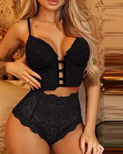 European & American Viral Stretch Lace Sheer Alluring Rose Embroidery Waist-Cinching Bra & Panty Set