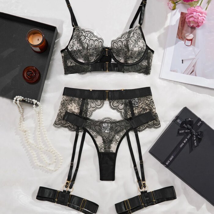 New Erotic Set See-Through Embroidered Women Lingeries Sexy Eyelash Lace Body Shaping Lingerie Four-Piece Set Sexy Hot - Image 6