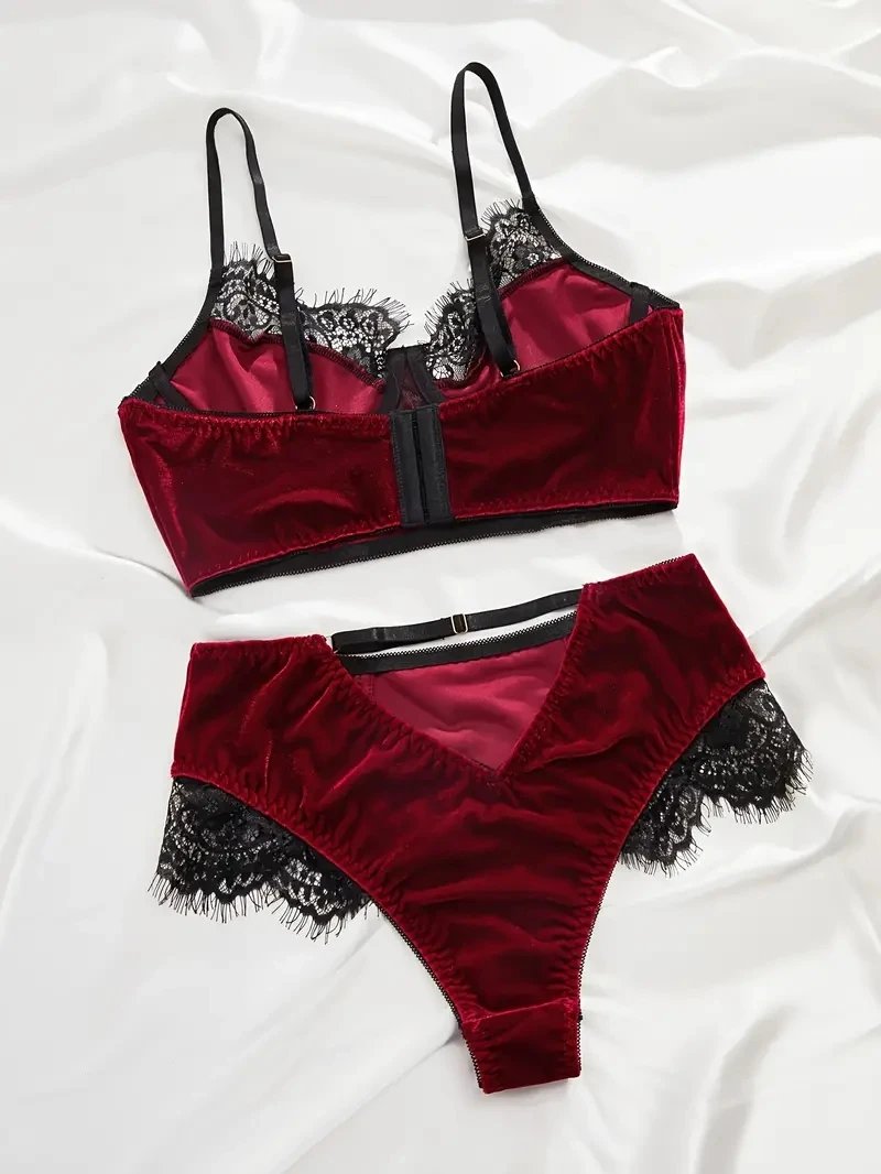 2-Piece Flocked Bra And Panty set For Women, Matching Lace Underwired Bra Set, Hollow Design At The Back Of The Pants, Soft And