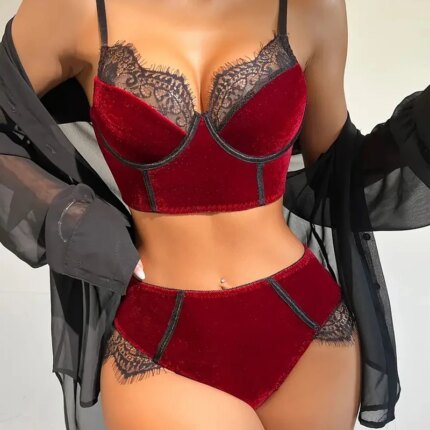 2-Piece Flocked Bra And Panty set For Women, Matching Lace Underwired Bra Set, Hollow Design At The Back Of The Pants, Soft And