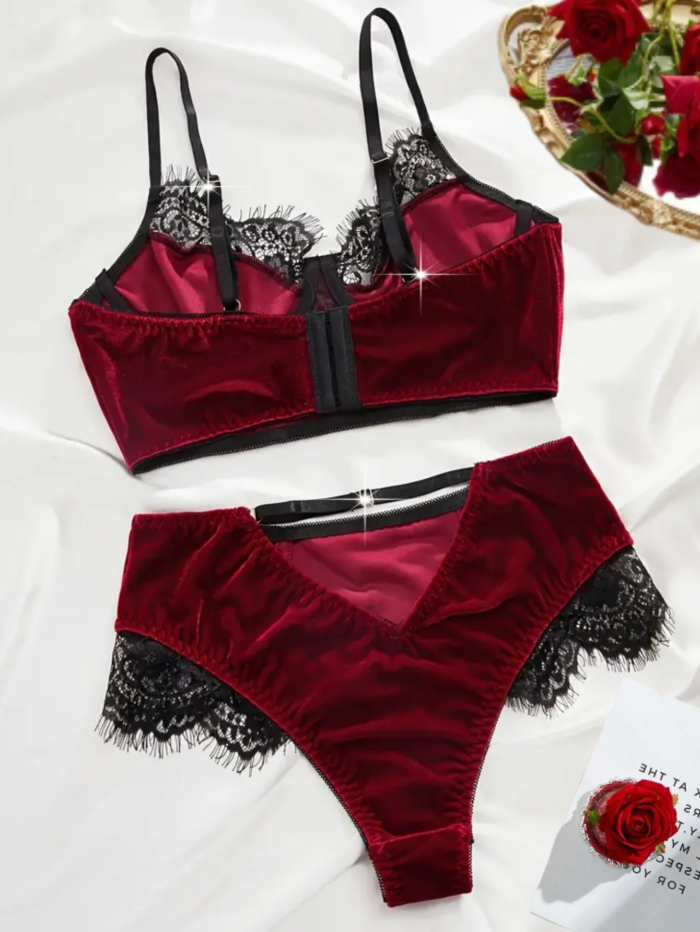 2-Piece Flocked Bra And Panty set For Women, Matching Lace Underwired Bra Set, Hollow Design At The Back Of The Pants, Soft And - Image 3