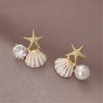 New Starfish Shell Imitation Pearl Enamel Asymmetric Stud Earrings For Women Girl Wedding Jewelry Lady Temperament Pendientes