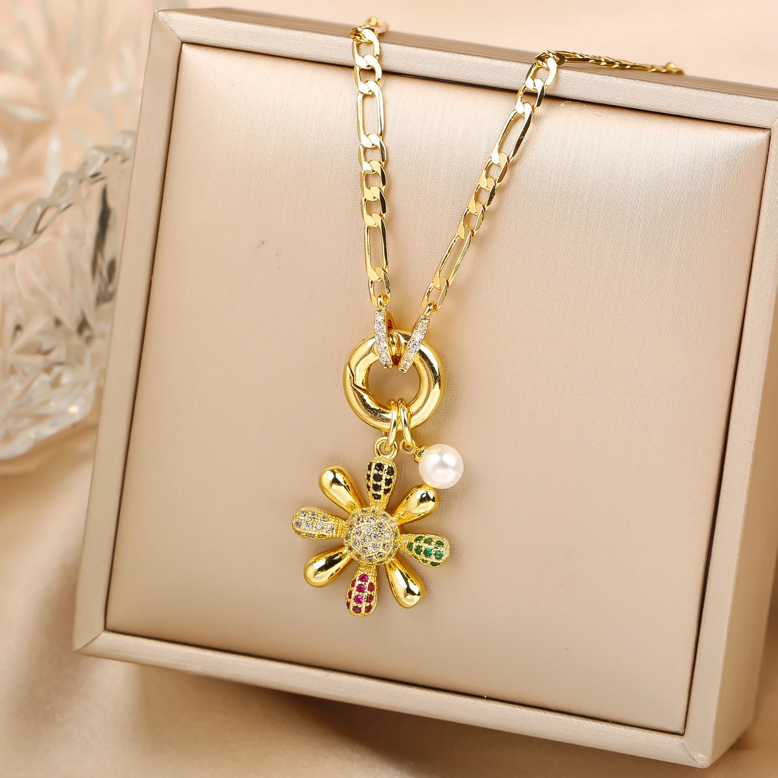 571728-bwra8b.jpg New Arrival Luxury Botanical Flower Sunflower Zirconia Pendant Necklace Glamorous for Woman Girl New Trend Neck Jewelry Gift - Image 3