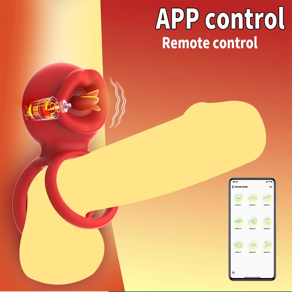 Vibrating Cock Ring App Penis Ring Vibrator Clitoral Stimulator with Licking Mouth Adult Sex Toy for Men Women Couples Pleasure