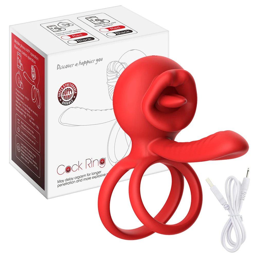 Vibrating Cock Ring App Penis Ring Vibrator Clitoral Stimulator with Licking Mouth Adult Sex Toy for Men Women Couples Pleasure