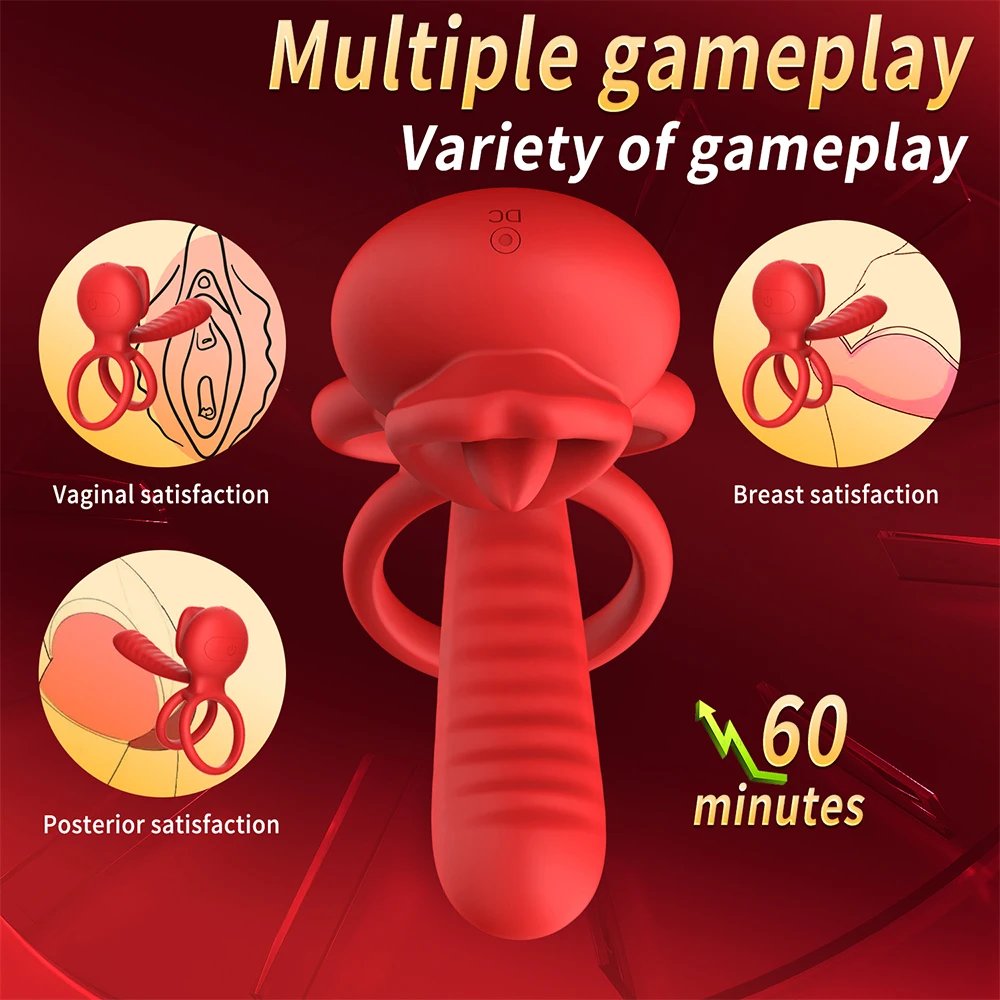 Vibrating Cock Ring App Penis Ring Vibrator Clitoral Stimulator with Licking Mouth Adult Sex Toy for Men Women Couples Pleasure