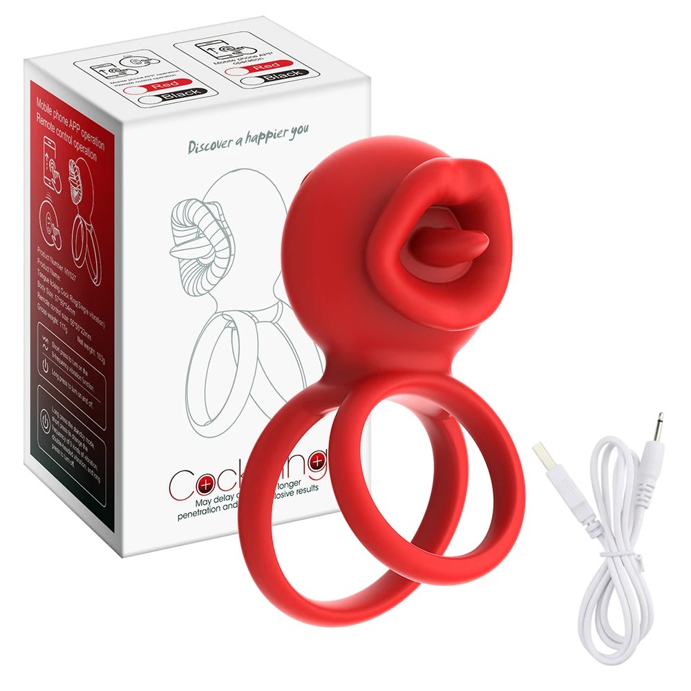 Vibrating Cock Ring App Penis Ring Vibrator Clitoral Stimulator with Licking Mouth Adult Sex Toy for Men Women Couples Pleasure