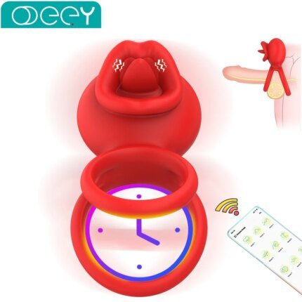 Vibrating Cock Ring App Penis Ring Vibrator Clitoral Stimulator with Licking Mouth Adult Sex Toy for Men Women Couples Pleasure