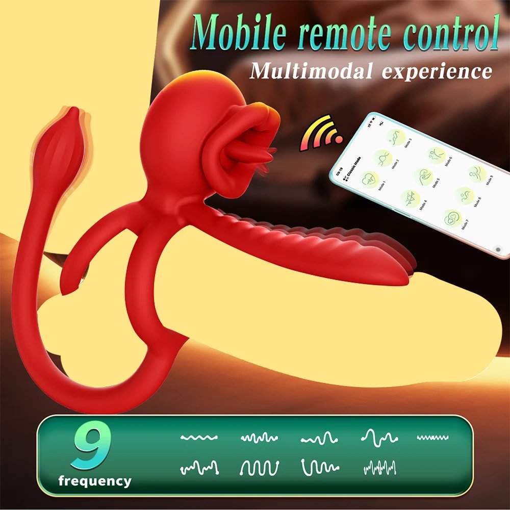 Vibrating Cock Ring App Penis Ring Vibrator Clitoral Stimulator with Licking Mouth Adult Sex Toy for Men Women Couples Pleasure