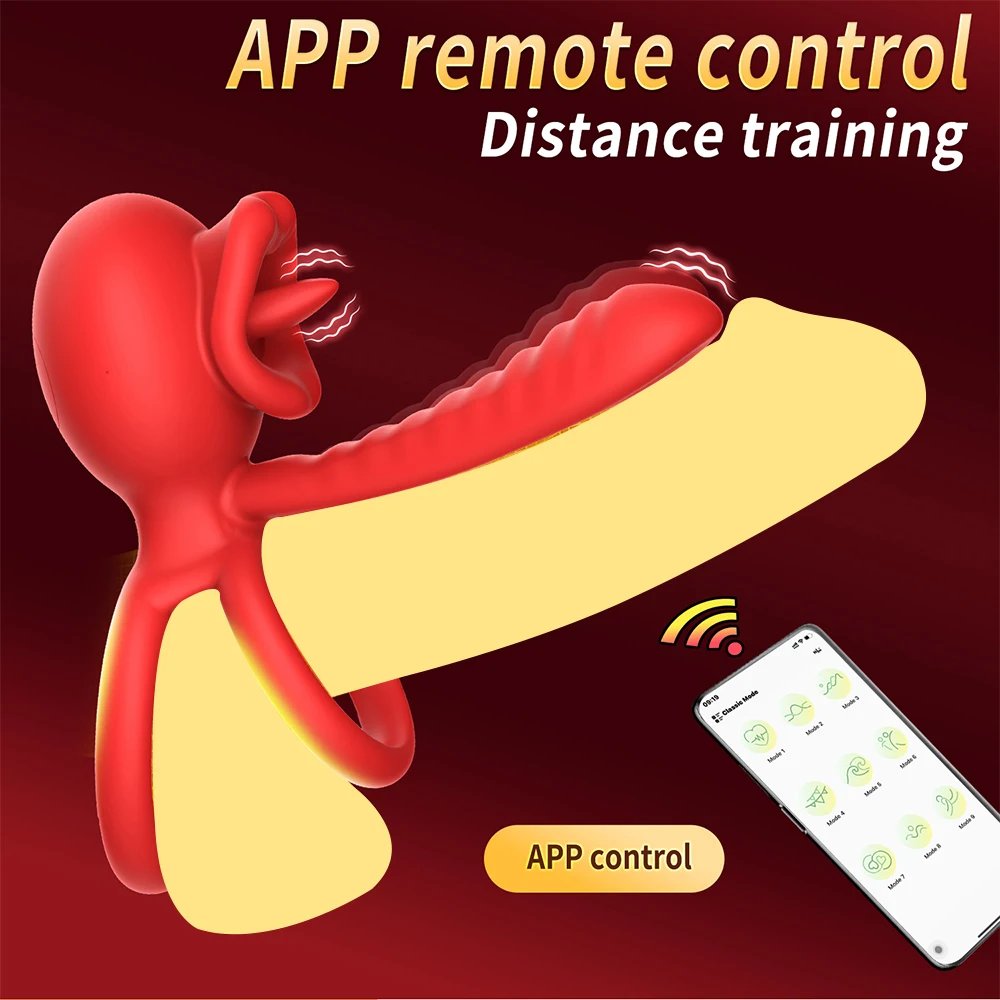 Vibrating Cock Ring App Penis Ring Vibrator Clitoral Stimulator with Licking Mouth Adult Sex Toy for Men Women Couples Pleasure