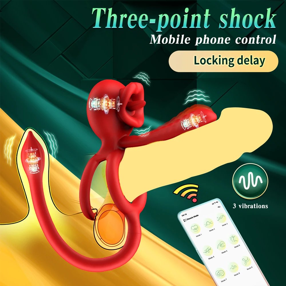 Vibrating Cock Ring App Penis Ring Vibrator Clitoral Stimulator with Licking Mouth Adult Sex Toy for Men Women Couples Pleasure