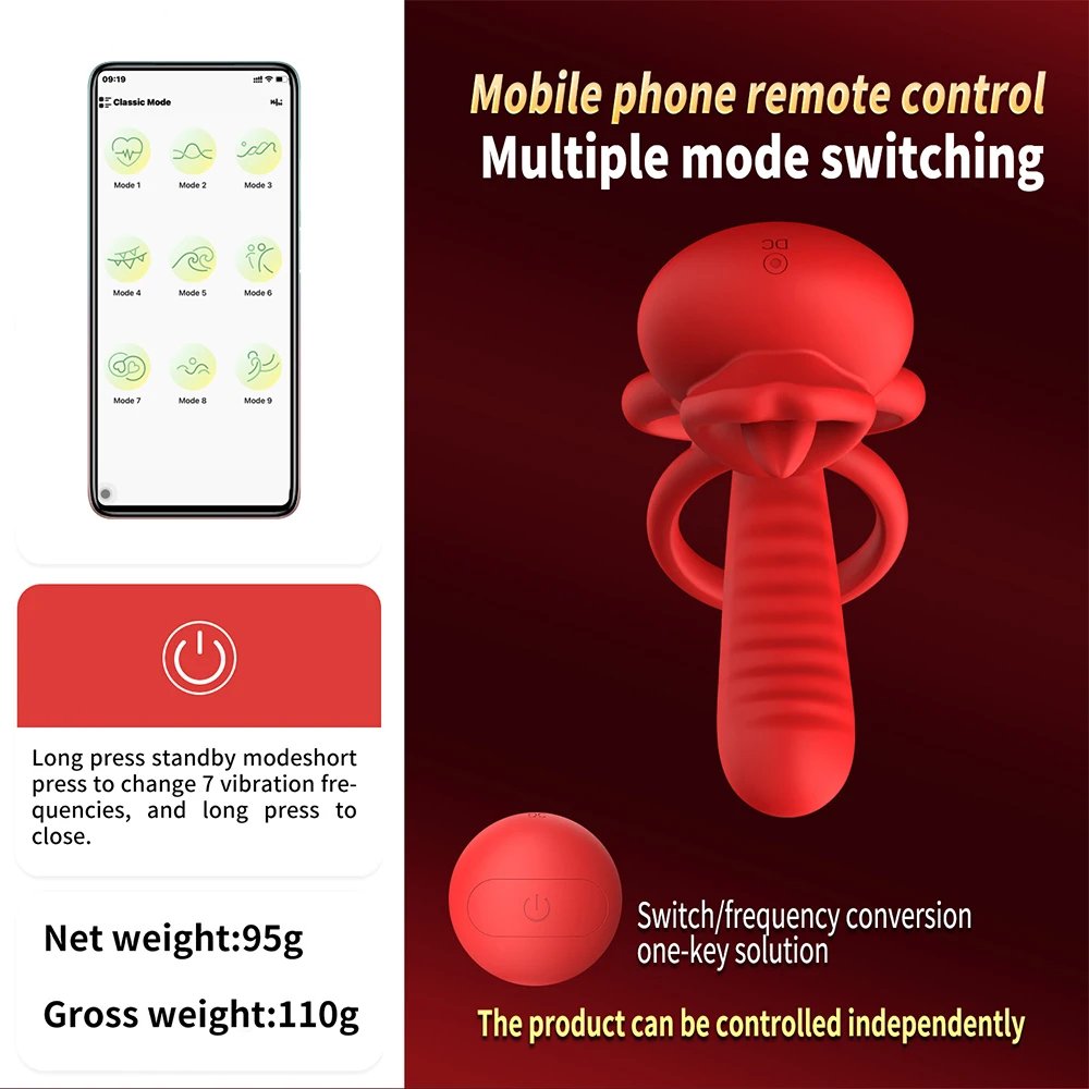 Vibrating Cock Ring App Penis Ring Vibrator Clitoral Stimulator with Licking Mouth Adult Sex Toy for Men Women Couples Pleasure