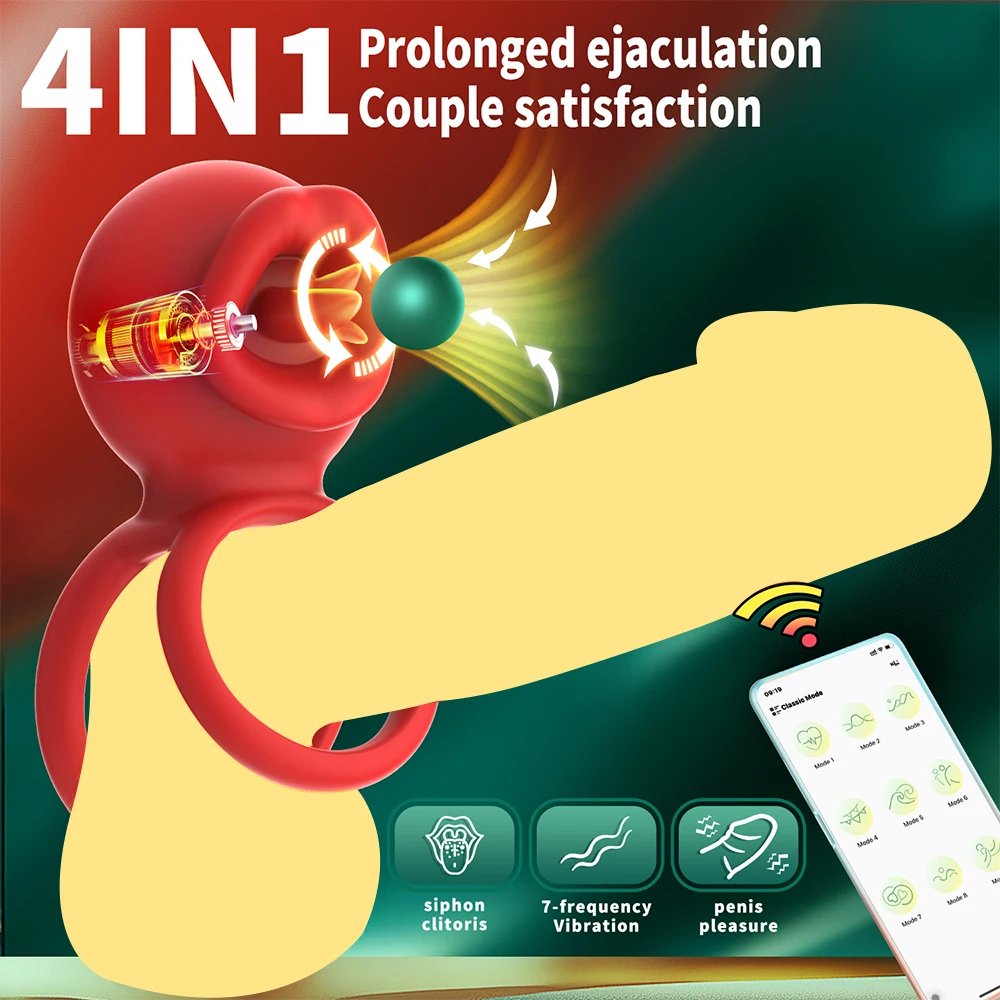 Vibrating Cock Ring App Penis Ring Vibrator Clitoral Stimulator with Licking Mouth Adult Sex Toy for Men Women Couples Pleasure