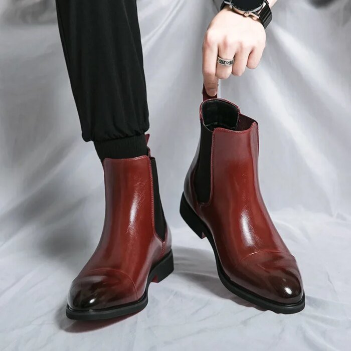 Men's Boots Business Ankle Boots Red Sole Pointed Toe Dress Boots British High Top Leather Shoes Slip-On Casual Men Chelsea Boot - Image 6