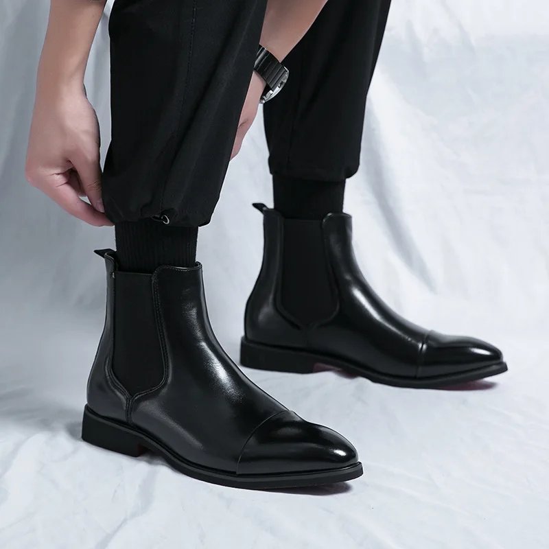 Men's Boots Business Ankle Boots Red Sole Pointed Toe Dress Boots British High Top Leather Shoes Slip-On Casual Men Chelsea Boot