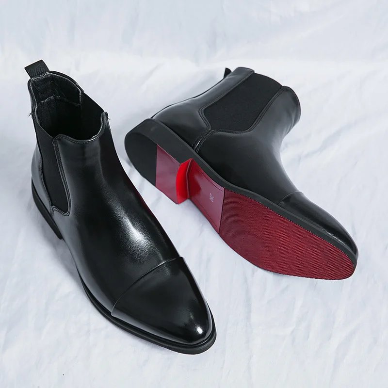 Men's Boots Business Ankle Boots Red Sole Pointed Toe Dress Boots British High Top Leather Shoes Slip-On Casual Men Chelsea Boot