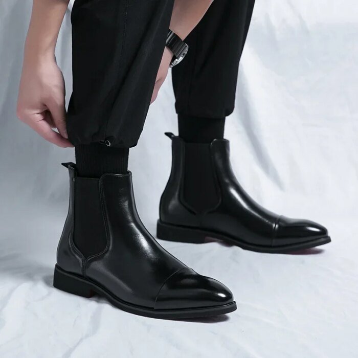 Men's Boots Business Ankle Boots Red Sole Pointed Toe Dress Boots British High Top Leather Shoes Slip-On Casual Men Chelsea Boot - Image 2