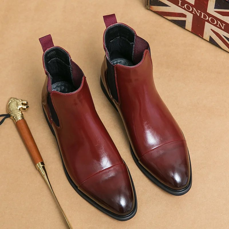 Men's Boots Business Ankle Boots Red Sole Pointed Toe Dress Boots British High Top Leather Shoes Slip-On Casual Men Chelsea Boot