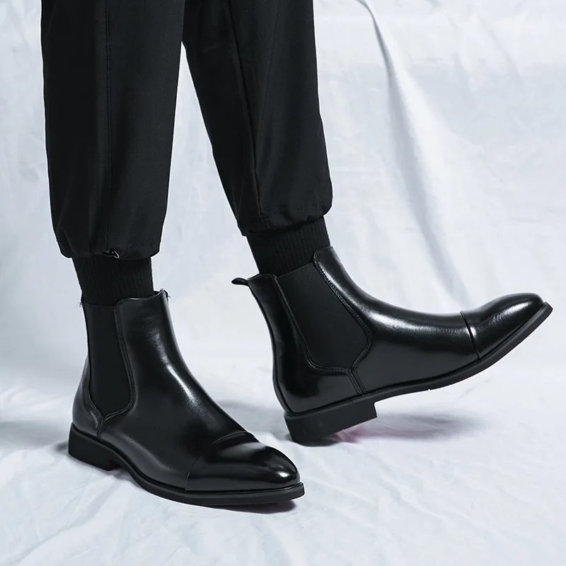 Men's Boots Business Ankle Boots Red Sole Pointed Toe Dress Boots British High Top Leather Shoes Slip-On Casual Men Chelsea Boot