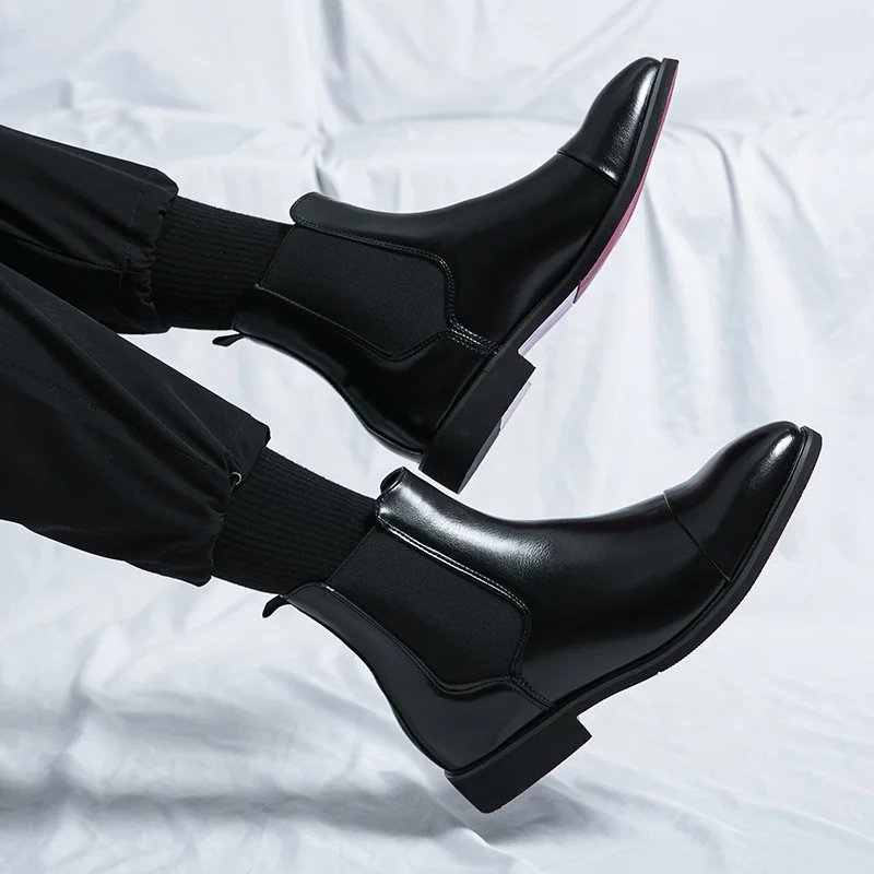 Men's Boots Business Ankle Boots Red Sole Pointed Toe Dress Boots British High Top Leather Shoes Slip-On Casual Men Chelsea Boot