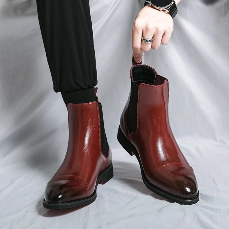 Men's Boots Business Ankle Boots Red Sole Pointed Toe Dress Boots British High Top Leather Shoes Slip-On Casual Men Chelsea Boot