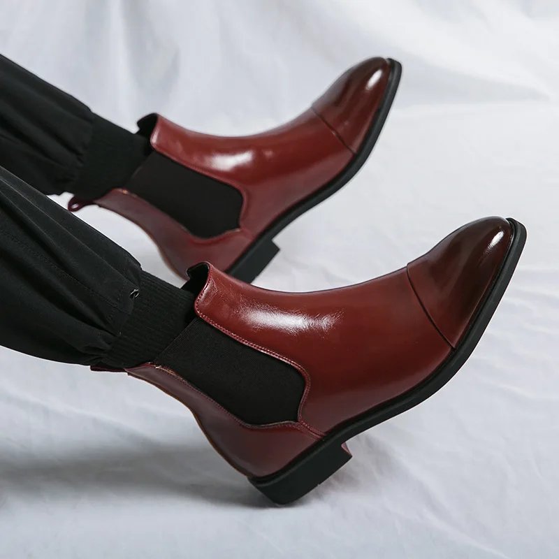 Men's Boots Business Ankle Boots Red Sole Pointed Toe Dress Boots British High Top Leather Shoes Slip-On Casual Men Chelsea Boot