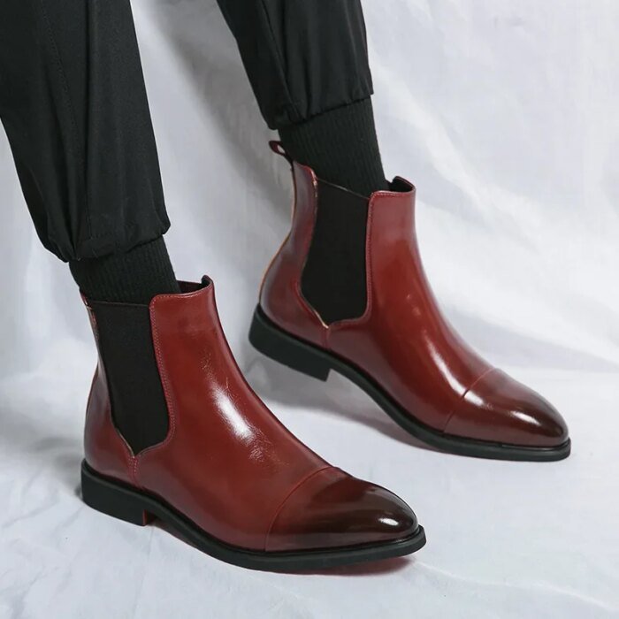 Men's Boots Business Ankle Boots Red Sole Pointed Toe Dress Boots British High Top Leather Shoes Slip-On Casual Men Chelsea Boot - Image 5