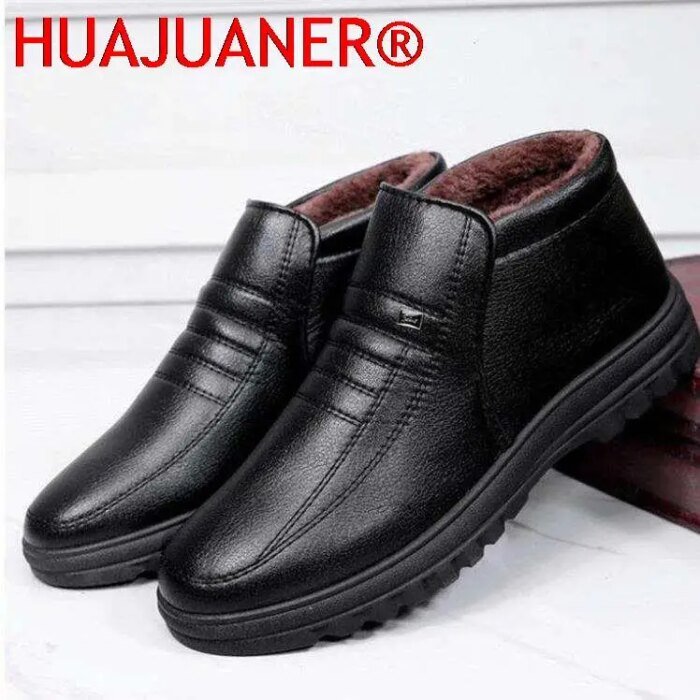 Winter Waterproof Men's Casual Leather Shoes Flannel High Top Slip-on Male Casual Shoes Rubber Warm Winter Shoes for Mens - Image 4