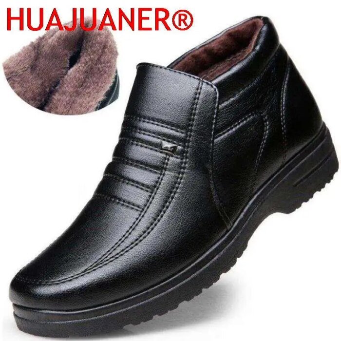 Winter Waterproof Men's Casual Leather Shoes Flannel High Top Slip-on Male Casual Shoes Rubber Warm Winter Shoes for Mens - Image 1