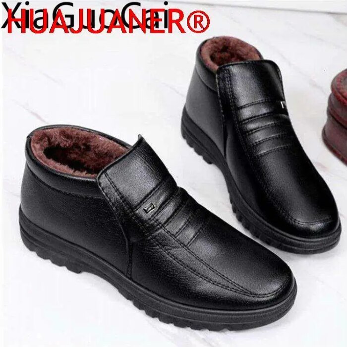 Winter Waterproof Men's Casual Leather Shoes Flannel High Top Slip-on Male Casual Shoes Rubber Warm Winter Shoes for Mens - Image 3