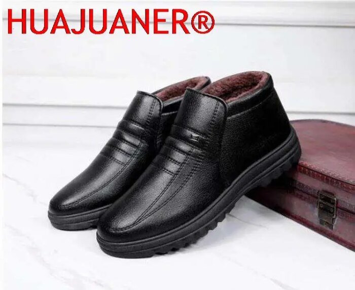 Winter Waterproof Men's Casual Leather Shoes Flannel High Top Slip-on Male Casual Shoes Rubber Warm Winter Shoes for Mens - Image 5