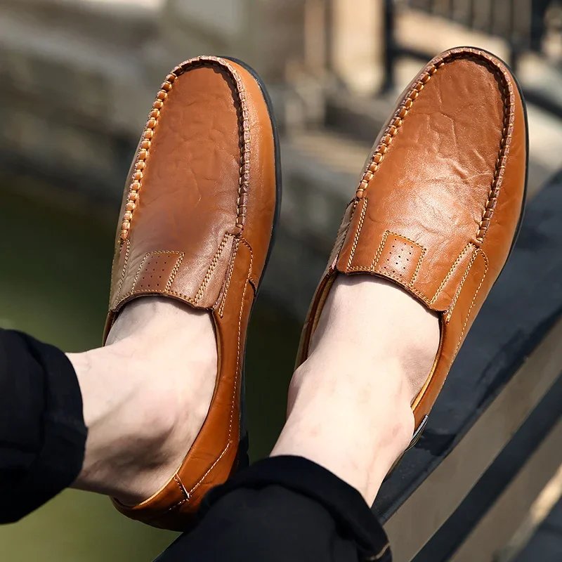 New Genuine Leather Men Casual Shoes Luxury Brand Mens Loafers Moccasins Breathable Slip on Black Driving Shoes Big Size 47